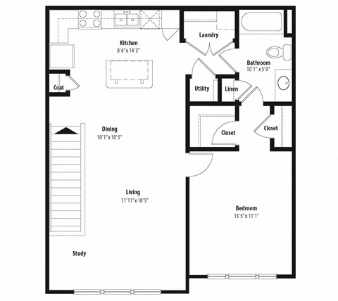 Floor plan for 1 bed, 1 bath, 857 sqft